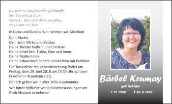 Traueranzeige von Bärbel Krumay von Alsfelder Allgemeine