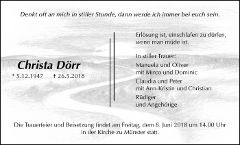 Traueranzeige von Christa Dörr von Licher Wochenblatt, Licher Wochenblatt, Licher Wochenblatt