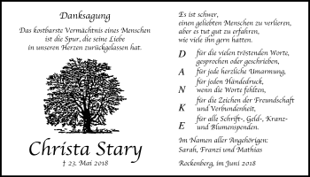 Traueranzeige von Christa Stary von Wetterauer Zeitung, Wetterauer Zeitung