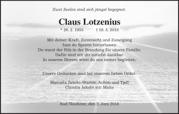 Traueranzeige von Claus Lotzenius von Wetterauer Zeitung, Wetterauer Zeitung
