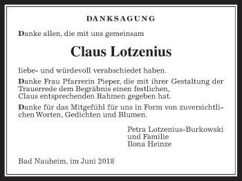 Traueranzeige von Claus Lotzenius von Wetterauer Zeitung, Wetterauer Zeitung