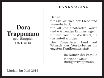 Traueranzeige von Dora Trappmann von Giessener Allgemeine, Alsfelder Allgemeine