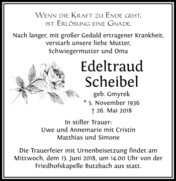 Traueranzeige von Edeltraud Scheibel von Wetterauer Zeitung, Wetterauer Zeitung