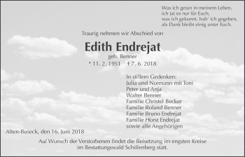 Traueranzeige von Edith Endrejat von Giessener Allgemeine, Alsfelder Allgemeine