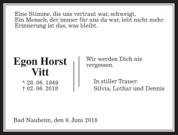 Traueranzeige von Egon Horst Vitt von Wetterauer Zeitung, Wetterauer Zeitung