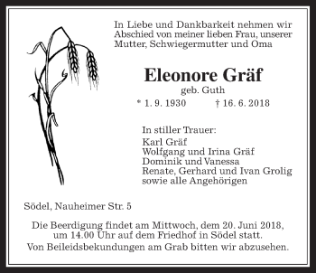 Traueranzeige von Eleonore Gräf von Wetterauer Zeitung, Wetterauer Zeitung