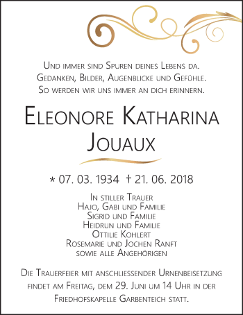 Traueranzeige von Eleonore Katharina Jouaux von Giessener Allgemeine, Alsfelder Allgemeine