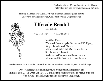 Traueranzeige von Elfriede Bendel von Wetterauer Zeitung, Wetterauer Zeitung