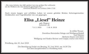 Traueranzeige von Elisa Heinze von Wetterauer Zeitung, Wetterauer Zeitung