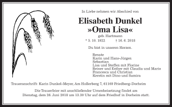 Traueranzeige von Elisabeth Dunkel von Wetterauer Zeitung, Wetterauer Zeitung