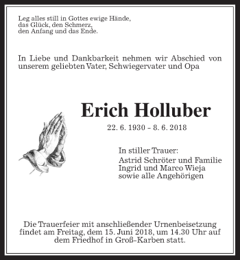 Traueranzeige von Erich Holluber von Wetterauer Zeitung, Wetterauer Zeitung