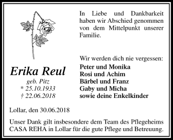 Traueranzeige von Erika Reul von Giessener Allgemeine, Alsfelder Allgemeine