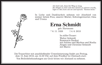 Traueranzeige von Erna Schmidt von Giessener Allgemeine, Alsfelder Allgemeine