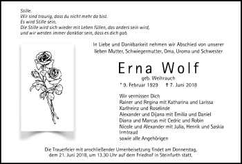 Traueranzeige von Erna Wolf von Wetterauer Zeitung, Wetterauer Zeitung