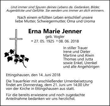 Traueranzeige von Erna Marie Jenner von Licher Wochenblatt, Licher Wochenblatt, Licher Wochenblatt