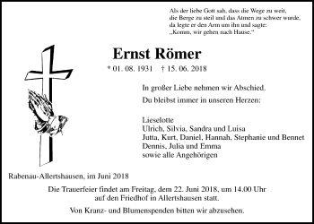 Traueranzeige von Ernst Römer von Giessener Allgemeine, Alsfelder Allgemeine