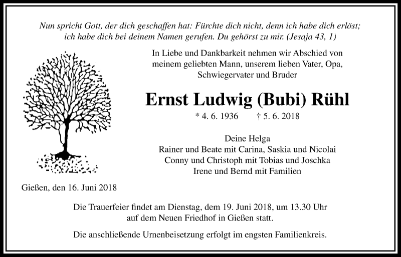  Traueranzeige für Ernst Ludwig Rühl vom 16.06.2018 aus Giessener Allgemeine, Alsfelder Allgemeine