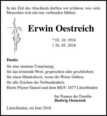 Traueranzeige von Erwin Oestreich von Giessener Allgemeine, Alsfelder Allgemeine