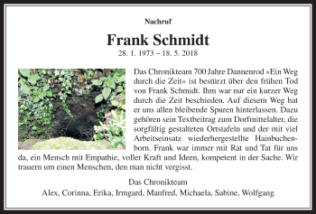 Traueranzeige von Frank Schmidt von Alsfelder Allgemeine
