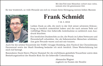 Traueranzeige von Frank Schmidt von Giessener Allgemeine, Alsfelder Allgemeine, Alsfelder Allgemeine