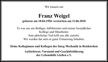 Traueranzeige von Franz Weigel von Giessener Allgemeine, Alsfelder Allgemeine