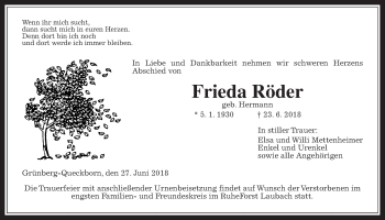 Traueranzeige von Frieda Röder von Giessener Allgemeine, Alsfelder Allgemeine