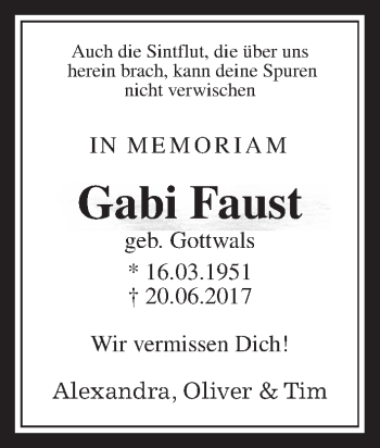 Traueranzeige von Gabi Faust von Wetterauer Zeitung, Wetterauer Zeitung