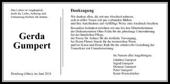 Traueranzeige von Gerda Gumpert von Alsfelder Allgemeine