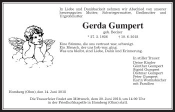 Traueranzeige von Gerda Gumpert von Alsfelder Allgemeine