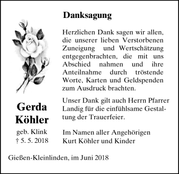 Traueranzeige von Gerda Köhler von Giessener Allgemeine, Alsfelder Allgemeine