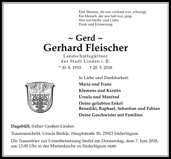 Traueranzeige von Gerhard Fleischer von Giessener Allgemeine, Alsfelder Allgemeine