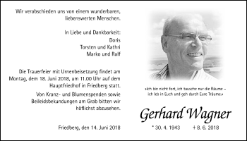 Traueranzeige von Gerhard Wagner von Wetterauer Zeitung, Wetterauer Zeitung