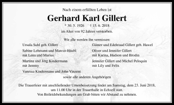 Traueranzeige von Gerhard Karl Gillert von Wetterauer Zeitung, Wetterauer Zeitung