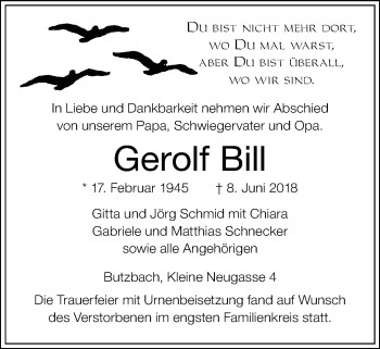 Traueranzeige von Gerolf Bill von Wetterauer Zeitung, Wetterauer Zeitung