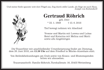 Traueranzeige von Gertraud Röhrich von Giessener Allgemeine, Alsfelder Allgemeine