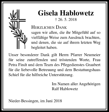 Traueranzeige von Gisela Hablowetz von Licher Wochenblatt, Licher Wochenblatt, Licher Wochenblatt