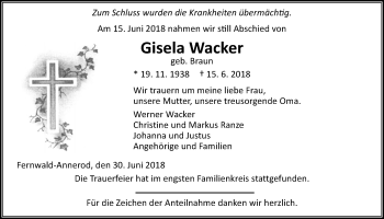 Traueranzeige von Gisela Wacker von Giessener Allgemeine, Alsfelder Allgemeine