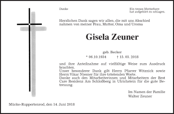 Traueranzeige von Gisela Zeuner von Alsfelder Allgemeine