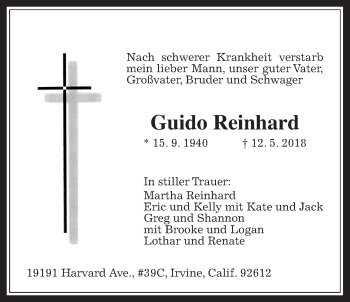 Traueranzeige von Guido Reinhard von Wetterauer Zeitung, Wetterauer Zeitung