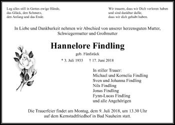 Traueranzeige von Hannelore Findling von Wetterauer Zeitung, Wetterauer Zeitung