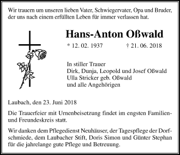 Traueranzeige von Hans-Anton Oßwald von Giessener Allgemeine, Alsfelder Allgemeine