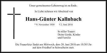 Traueranzeige von Hans-Günter Kallnbach von Wetterauer Zeitung, Wetterauer Zeitung