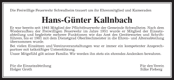 Traueranzeige von Hans-Günter Kallnbach von Wetterauer Zeitung, Wetterauer Zeitung