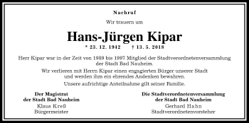 Traueranzeige von Hans-Jürgen Kipar von Wetterauer Zeitung, Wetterauer Zeitung
