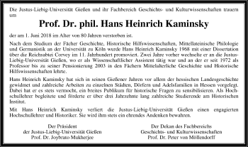 Traueranzeige von Hans Heinrich Kaminsky von Giessener Allgemeine, Alsfelder Allgemeine