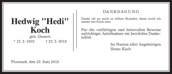 Traueranzeige von Hedwig Koch von Wetterauer Zeitung, Wetterauer Zeitung