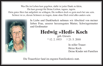 Traueranzeige von Hedwig Koch von Wetterauer Zeitung, Wetterauer Zeitung