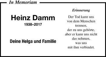 Traueranzeige von Heinz Damm von Giessener Allgemeine, Alsfelder Allgemeine
