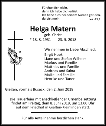 Traueranzeige von Helga Matern von Giessener Allgemeine, Alsfelder Allgemeine