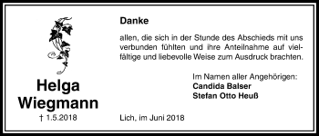 Traueranzeige von Helga Wiegmann von Licher Wochenblatt, Licher Wochenblatt, Licher Wochenblatt